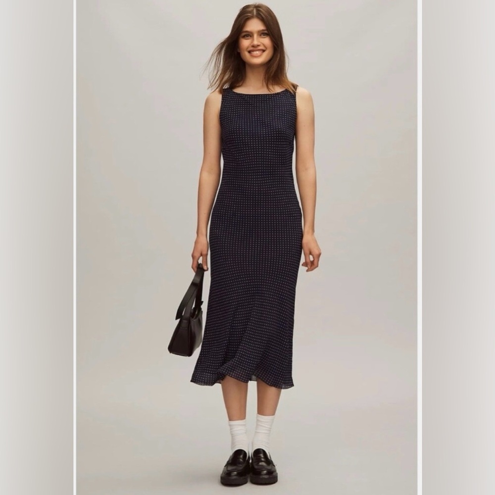 Reformation Navy Blue Polka Dot Midi Dress